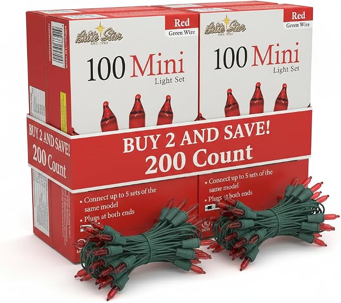 Brite Star 100 Count Mini String Christmas Lights, Red - 22 feet Indoor/Outdoor Christmas Tree Lights with Green Wire (Set of 2)