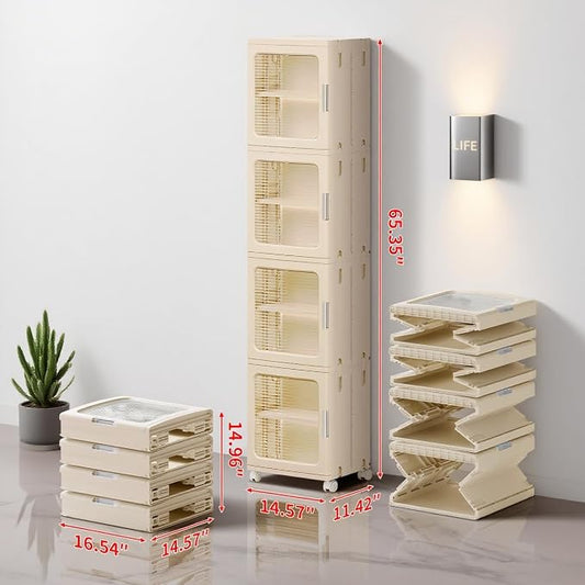 4-Tier Tall Narrow Bathroom Storage Cabinet for Small Space,Beige | Quick Assembly,Foldable,Plastic Organizers,Magnetic Doors,Adjustable Shelves,Slim Storage Cabinet,Wheels