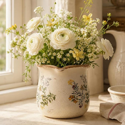 Xiaan Jiaju Ceramic Flower Vase, Rustic Farmhouse Vases & Planting Pots with Drainage, European Home Decor for Mantel Fireplace Bookshelf Wedding Centerpieces Gift, Yellow Blooms