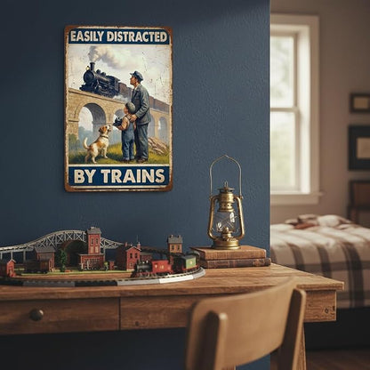 Easily Distracted by Trains Tin Sign – Train Decor for Boys Room and Men – Vintage Train Wall Decor for Train Room or Man Cave – 8x12 Inch Metal Sign