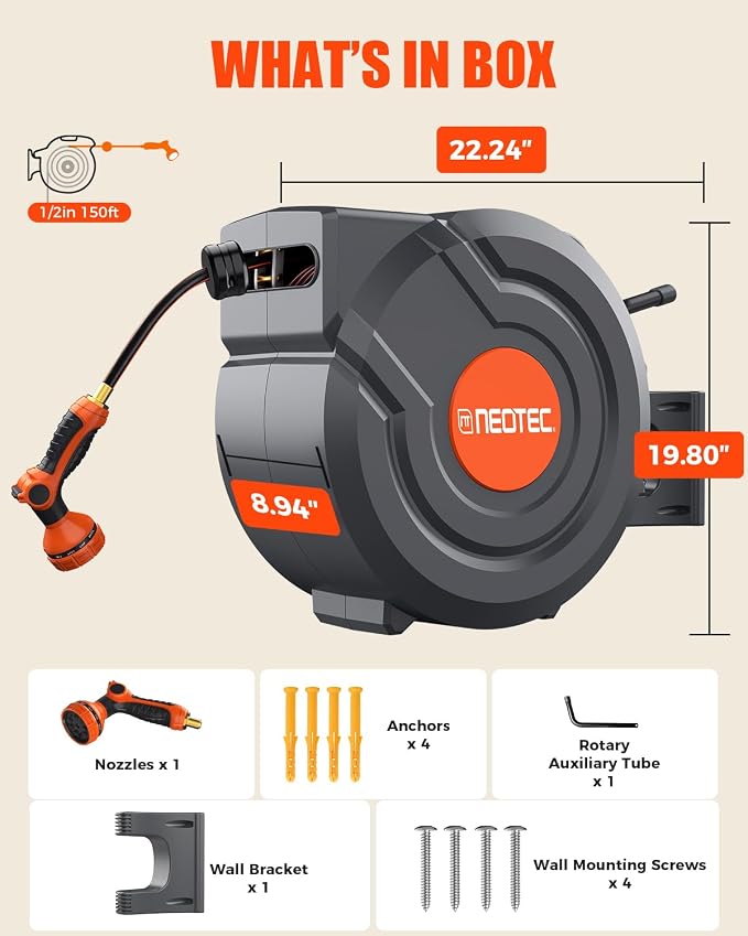 150FT Retractable Garden Hose Reel 1/2 Inch, Wall Mounted Heavy Duty Water Hose with Auto-Lock, Slow Return, 180° Swivel Bracket & 9-Pattern Spray Nozzle – UV Resistant Outdoor Hose Storage System