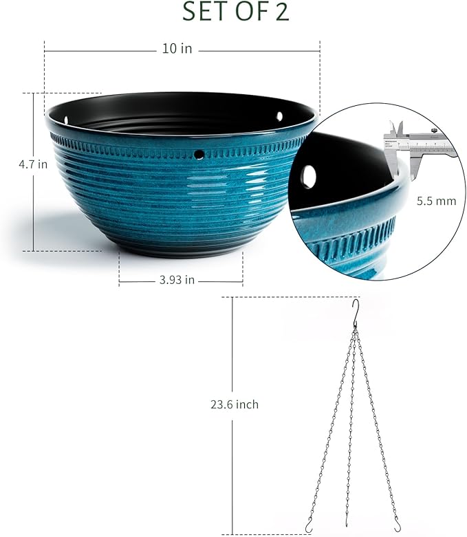 Vanslogreen 2 Pack Hanging Planters for Indoor Outdoor Plants, 10 Inch Hanging Planter with Drainage Hole & Plug Glazed Hanging Baskets Flower Pots for Garden Home (Blue)