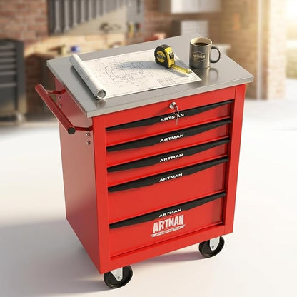 5-Drawer Rolling Tool Chest, Lockable Stainless Worktop for Garage, Red | Heavy Duty Metal Tool Cabinet with Drawers on Wheels for Warehouse and Workshop Storage