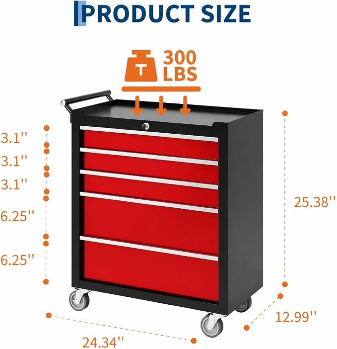 IDEALHOUSE Rolling Tool Chest, 5 Drawers Tool Storage Cabinet, Toolbox with Wheels, Portable Tool Cabinet Organizer with Locking System & Drawer Liners, Tool Storage Cart for Garage, Workshop