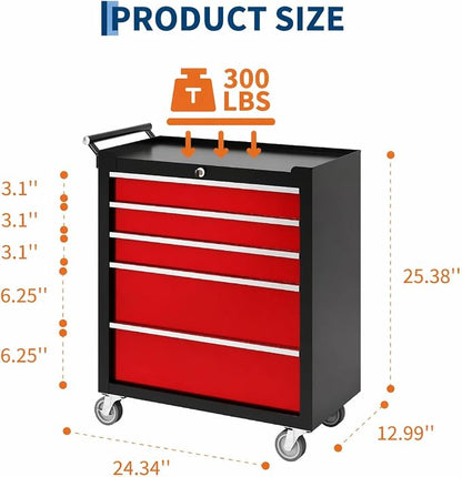 Garvee Rolling Tool Chest, 5 Drawers Tool Storage Cabinet, Toolbox with Wheels, Portable Tool Cabinet Organizer with Locking System & Drawer Liners, Tool Storage Cart for Garage, Workshop, Black＆Red