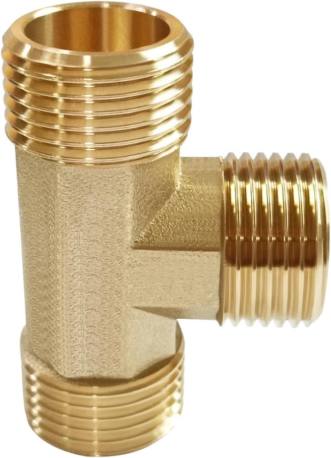 Uenede 2PCS Brass 3/4 Inch GHT Tee Pipe Fitting 3/4" GHT Male x 3/4" GHT Male x 3/4" GHT Male for Garden Hose Threaded Tube Pipe Fittings