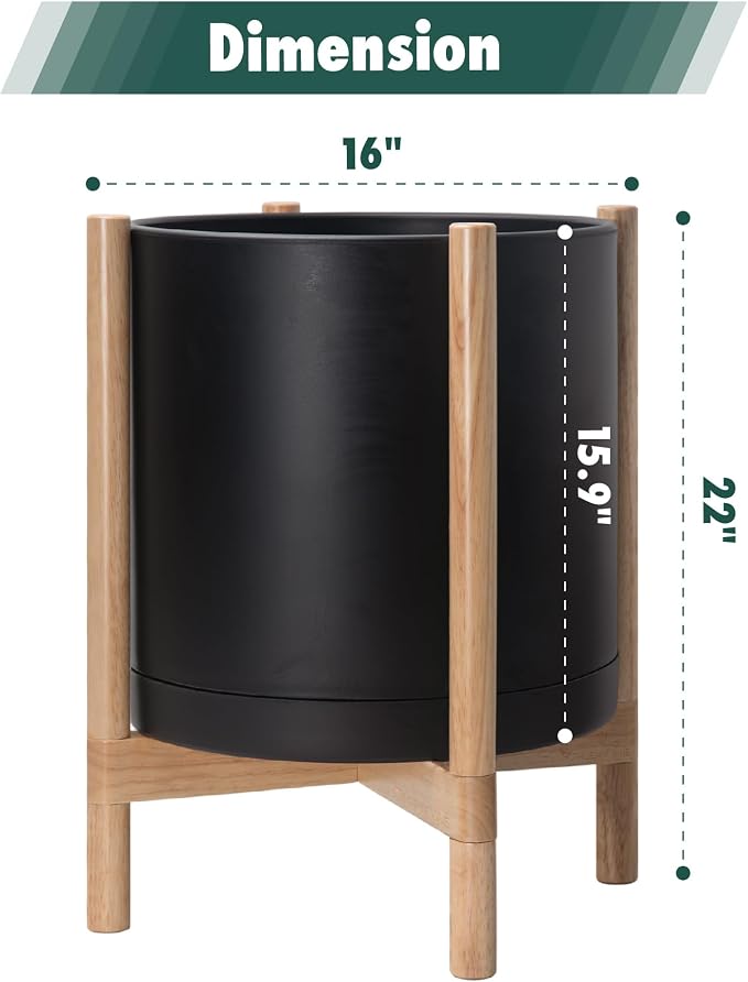 D'vine Dev Plastic Pot with Natural Wood Stand, Black, 16 in, 55-C-Y-2 | Mid-Century Inspired Design, Elevated Plant Display, Clean Lines, Sturdy Support, Modern Space-Saving Style