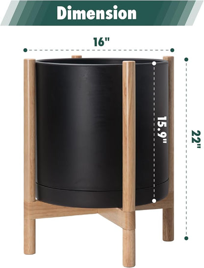D'vine Dev Plastic Pot with Natural Wood Stand, Black, 16 in, 55-C-Y-2 | Mid-Century Inspired Design, Elevated Plant Display, Clean Lines, Sturdy Support, Modern Space-Saving Style
