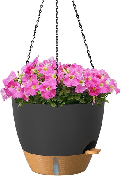 ZMTECH 12 Inch Large Self Watering Hanging Planters for Indoor Outdoor Plants - Water Level Indicator & Removable 60 Oz Reservoir, 1 Pack Plastic Hanging Basket for Window Porch Garden Balcony, Black