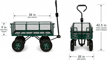 Backyard Expressions Heavy Duty Garden Cart 600 lb, 38" x 20" Steel Bed Utility Wagon with Removable Mesh Sides, Powder-Coated Frame, 10" Pneumatic Wheels, Pull Handle Yard/Lawn Hauler