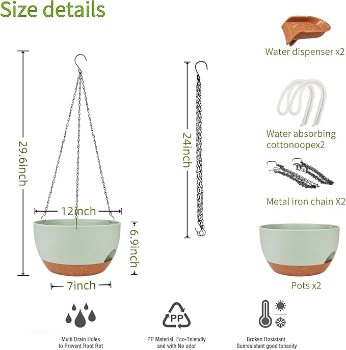 12 Inch Self Watering Hanging Planters 2 Pack, Green Brown | Plastic planters with drainage holes and saucers. Suitable for indoor, outdoor, kitchen, balcony and garden plant decor.