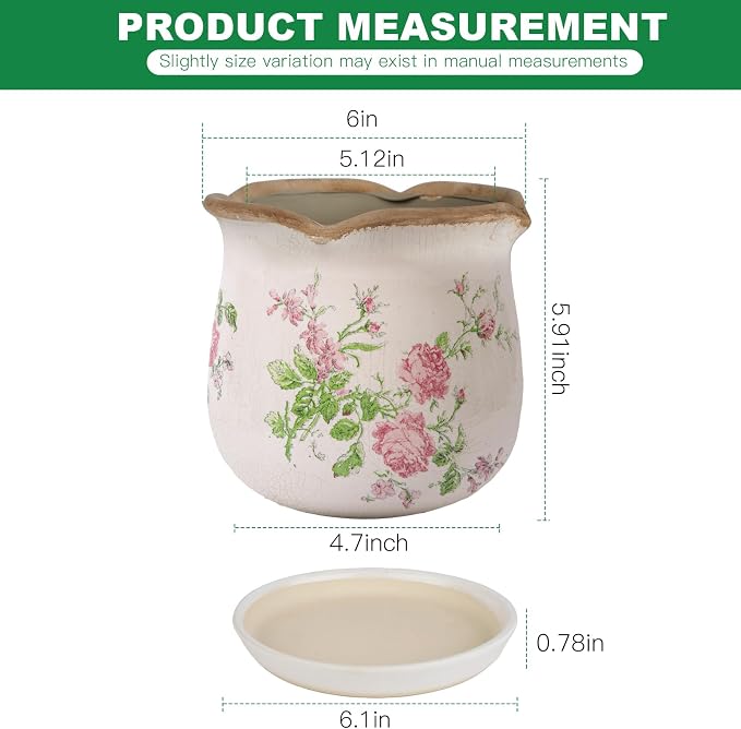 Ceramic-Planters-for-Indoor-Plants with Saucer, 6 inch Vintage Ice Crack Glaze Plant Pots with Drainage Holes, Decorative Flower Pots for Outdoor Garden Home Decor, Tuscan Pot for Plant