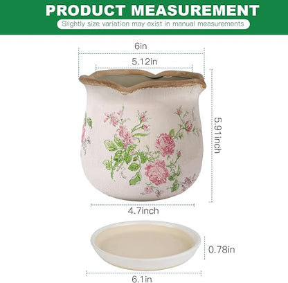 Ceramic-Planters-for-Indoor-Plants with Saucer, 6 inch Vintage Ice Crack Glaze Plant Pots with Drainage Holes, Decorative Flower Pots for Outdoor Garden Home Decor, Tuscan Pot for Plant