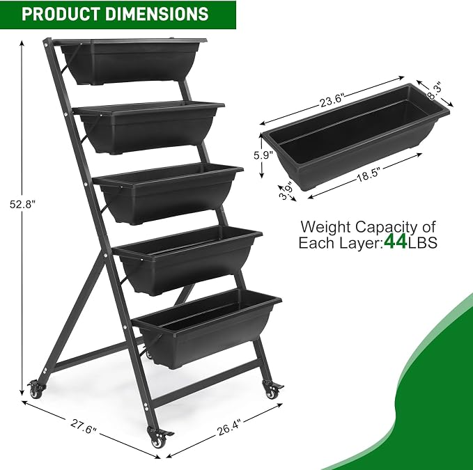 Outvita 4.4 FT Vertical Garden Bed Removable 5 Tier Elevated with 4 Wheels | Vertical Raised Planter, Black Raised Bed Box, Movable Vegetable Flower Planter for Patio Yard Indoor Outdoor