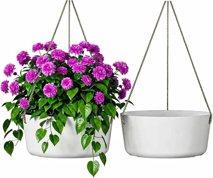 Asnext 10.7 Inch Hanging Planter for Outdoor Indoor Plants，2 Pack Hanging Flower Pots with Drain Holes for Garden Home Decor Use (White)