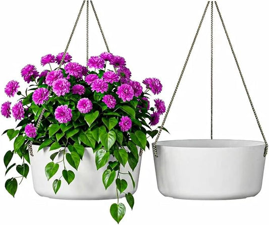 Asnext 10.7 Inch Hanging Planter for Outdoor Indoor Plants，2 Pack Hanging Flower Pots with Drain Holes for Garden Home Decor Use (White)