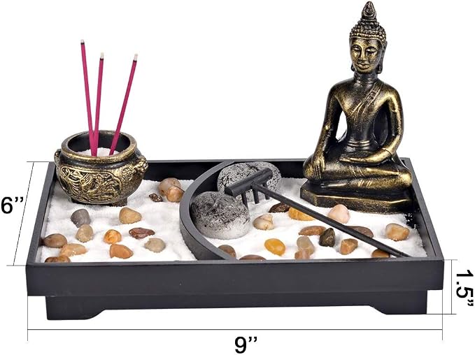 Royal Brands Zen Garden with Buddha, Rake, Rock Candle, and Incense Holder – Peace and Tranquility (9"x6"x7")