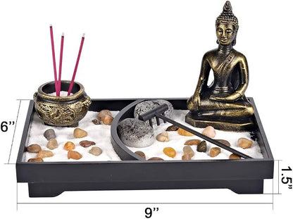Royal Brands Zen Garden with Buddha, Rake, Rock Candle, and Incense Holder – Peace and Tranquility (9"x6"x7")