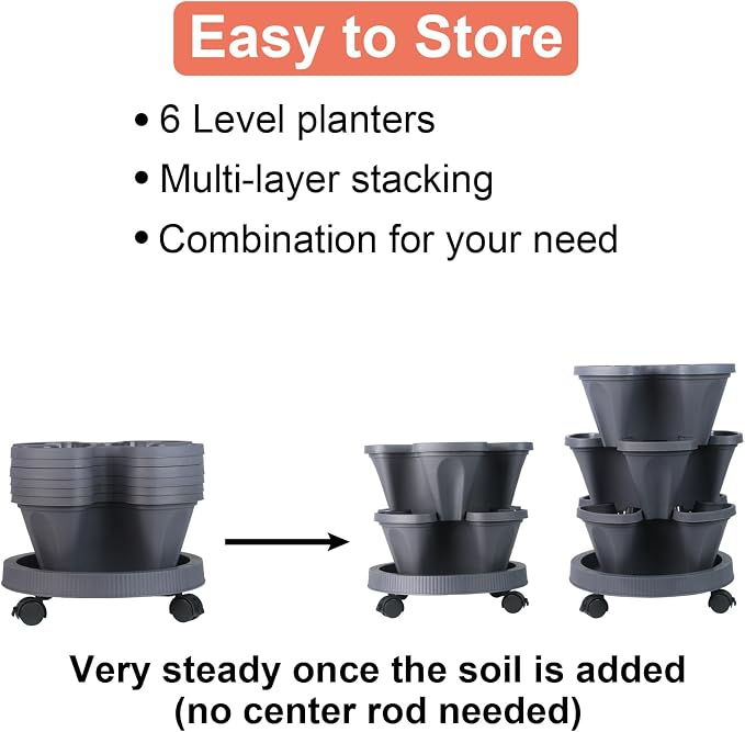GameXcel Vertical Planter Tower - 6 Tier Stackable Garden Planters with Wheels and Tools Plant Pots for Strawberry Herb Flower and Vegetable Indoor Outdoor Use Dark Gray