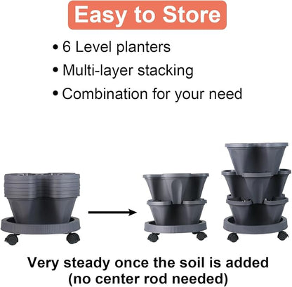 GameXcel Vertical Planter Tower - 6 Tier Stackable Garden Planters with Wheels and Tools Plant Pots for Strawberry Herb Flower and Vegetable Indoor Outdoor Use Dark Gray