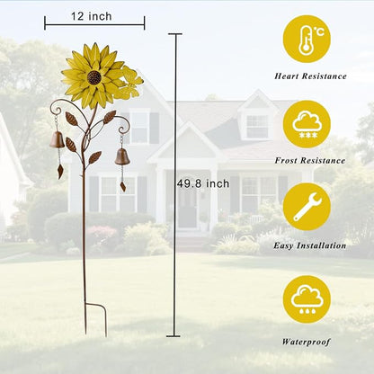 Decorative Garden Stakes,Garden Stake with Bells,Metal Flower Garden Decor | 50"H Sunflower Metal Flower Garden Stake with Bells, Lawn and Flower Bed Outdoor Garden Decor