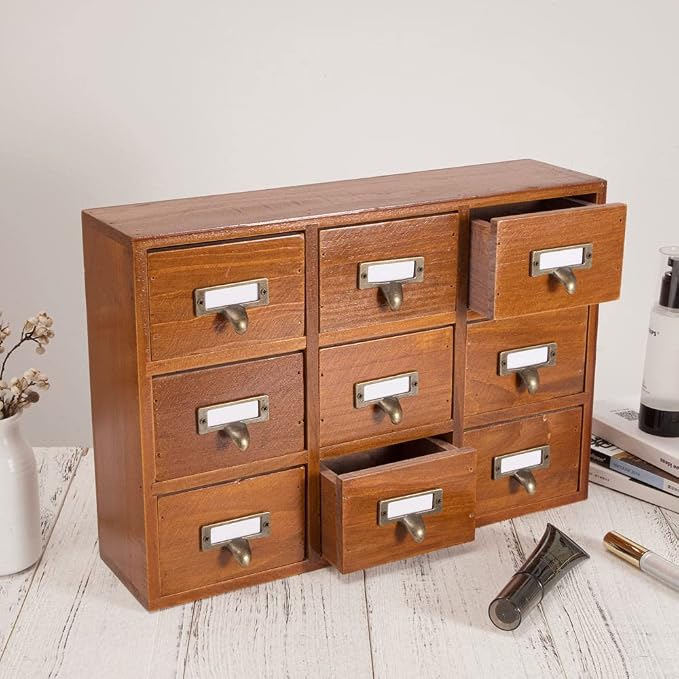 Apothecary Drawers Apothecary Cabinet with Drawers, Brown | 9 Drawer Library Card Catalog, Wooden Storage Box, Wooden Desktop Organizer with Metal Handles-Fulled Assembled