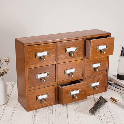 Apothecary Drawers Apothecary Cabinet with Drawers, Brown | 9 Drawer Library Card Catalog, Wooden Storage Box, Wooden Desktop Organizer with Metal Handles-Fulled Assembled