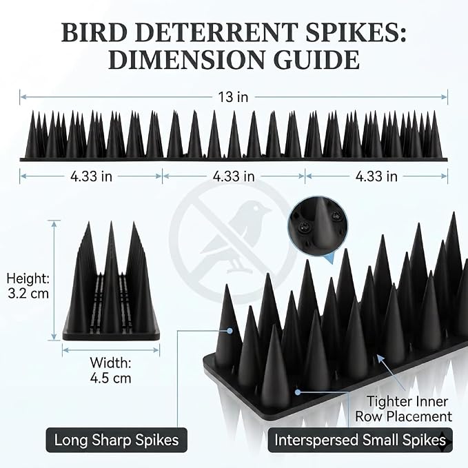 Bird Spikes for Pigeon Woodpecker Crow, Outdoor Use for Balcony Patio Window, Easy to Install, Black, Covers 13 Feet(3.96m)