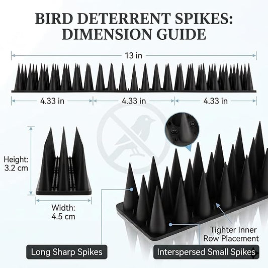 Bird Spikes for Pigeon Woodpecker Crow, Outdoor Use for Balcony Patio Window, Easy to Install, Black, Covers 13 Feet(3.96m)