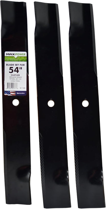 Maxpower 561133B USA MADE 3 Blade Set | For 54" Cut Hustler Mowers Replaces 601124, 797696, Spartan 438-0001-00