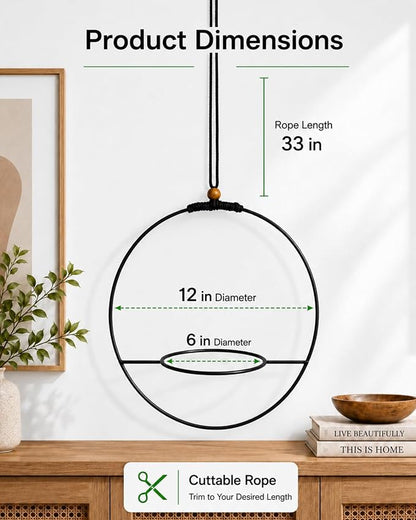 vensovo Decorative Hanging Planter Set of 2 – Round Metal Frame Hanging Plant Holders with Braided Rope, Wooden Bead Accent & White Plastic Pots – Indoor Outdoor Modern Home Decor