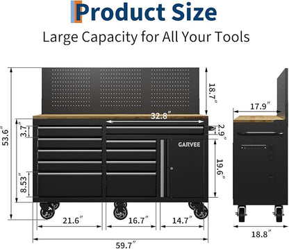 Garvee 60 in Rolling Tool Chest with 10 Drawers & Pegboard, Mobile Garage Tool Cabinet with Locks & Charging Station, Heavy Duty Workbench for Workshop, Black