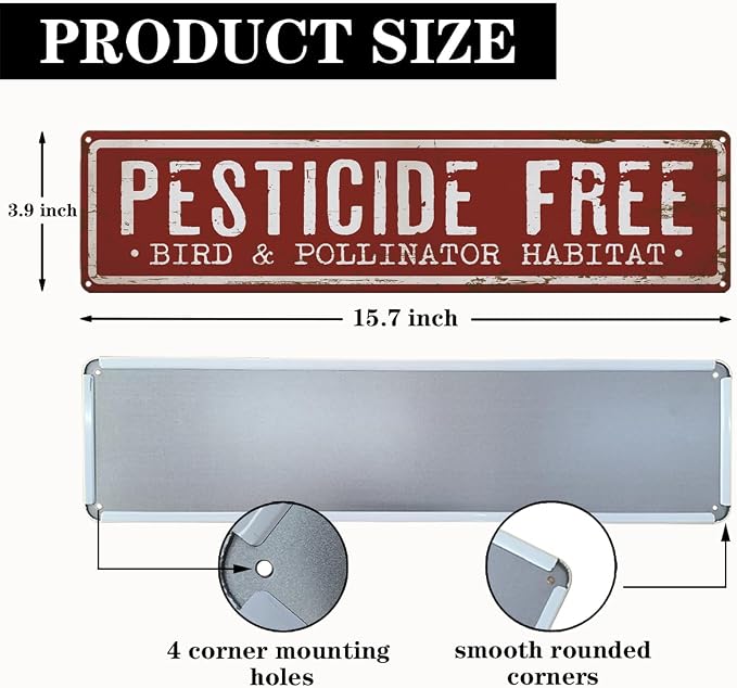 Garden Metal Tin Sign, Pesticide Free Bird & Pollinator Habitat Sign, Vintage Rustic Farmhouse Outdoor Wall Decor, for Porch Patio Yard Fence, Garden Notice Decor, 15.7 x 3.9 Inches