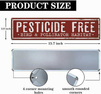 Garden Metal Tin Sign, Pesticide Free Bird & Pollinator Habitat Sign, Vintage Rustic Farmhouse Outdoor Wall Decor, for Porch Patio Yard Fence, Garden Notice Decor, 15.7 x 3.9 Inches