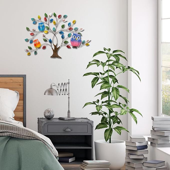 dreamskip Tree of Life Metal Wall Art, 25" Outdoor Large Wall Sculpture with Colorful Leaves and Owls, Tree Metal Wall Decor for Outdoor Indoor, Living Room, Patio, Fence, Bedroom, Garden Decor