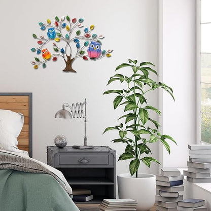 dreamskip Tree of Life Metal Wall Art, 25" Outdoor Large Wall Sculpture with Colorful Leaves and Owls, Tree Metal Wall Decor for Outdoor Indoor, Living Room, Patio, Fence, Bedroom, Garden Decor