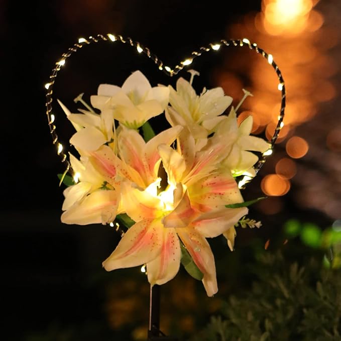 Starryfill Solar Garden Stake Lights Outdoor - Heart-Shaped Metal Decor with Lily Flowers & 25 LED Warm White Lights, Waterproof Memorial Decorations for Cemetery Grave, Remembrance Valentine's Gift