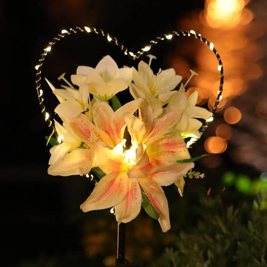Starryfill Solar Garden Stake Lights Outdoor - Heart-Shaped Metal Decor with Lily Flowers & 25 LED Warm White Lights, Waterproof Memorial Decorations for Cemetery Grave, Remembrance Valentine's Gift