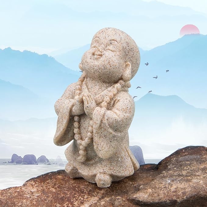 ZORZA 2Pcs Cute Mini Resin Monk Zen Buddha Statue Bring Peaceful Energy | Sandstone-Style Finish,Small Decorative Reminder to Smile Meditation,Symbol of Joy Good Luck,for Desk Garden Aquarium