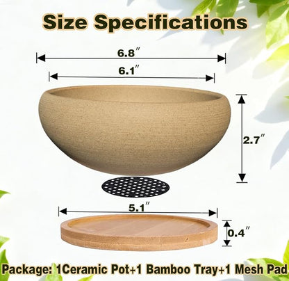 MUZHI 6 inch Succulent Pot - Unglazed Ceramic Bonsai Pot with Bamboo Tray, Rustic Pottery Cactus Planter with Drainage Hole Indoor Outdoor