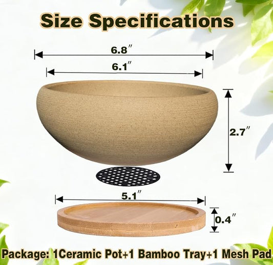 MUZHI 6 inch Succulent Pot - Unglazed Ceramic Bonsai Pot with Bamboo Tray, Rustic Pottery Cactus Planter with Drainage Hole Indoor Outdoor