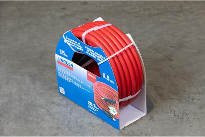 Lincoln 72N3850 50' x 3/8" ID Air/Water Hybrid Polymer Replacement Hose for 83753 Reel, 1/4" NPT Male Leak-free Brass Fittings, Kink Resistant, Meets PFAS-Free Regulations, UV Protective, Red/Black