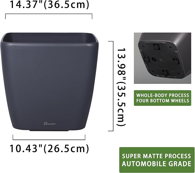 Dexceder 15x14 Self Watering Planter with Wheels (Slate Gray Matte) | Inner Mat Design, Thickened Large Floor Standing Flower Plant Pot with Water Level Indicator Indoor Outdoor
