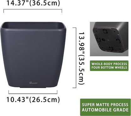 Dexceder 15x14 Self Watering Planter with Wheels (Slate Gray Matte) | Inner Mat Design, Thickened Large Floor Standing Flower Plant Pot with Water Level Indicator Indoor Outdoor