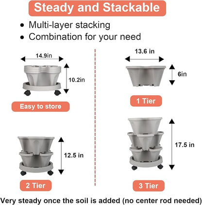 GameXcel Vertical Planter Tower - 3 Tier Stackable Garden Planters with Wheels and Tools Plant Pots for Strawberry Herb Flower and Vegetable Indoor Outdoor Use Gray