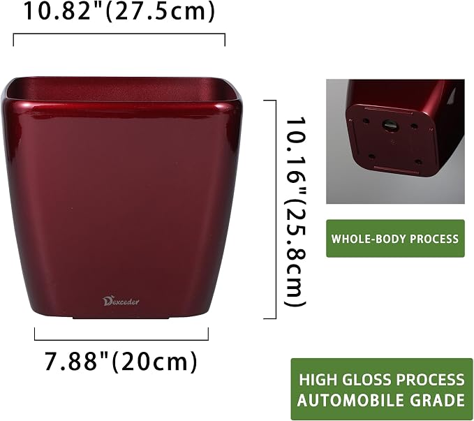 Dexceder 11x10 Self Watering Planter (Red High Gloss) | Inner Mat Design, Thickened Table Flower Plant Pot with Water Level Indicator Indoor Outdoor