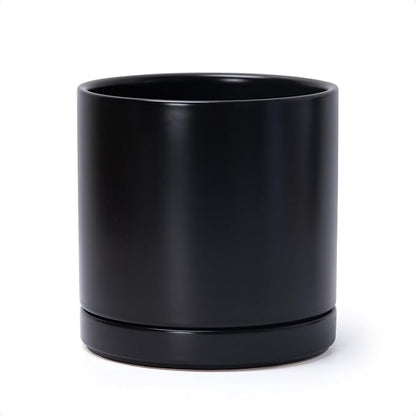 D'vine Dev 8.2 Inch Ceramic Planter Pot, Black, 94-O-D-2 | Modern Cylinder Design, Drainage Hole & Saucer Included, Stable Structure, Elegant Home Accent