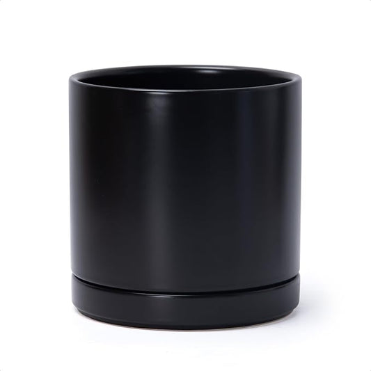 D'vine Dev 8.2 Inch Ceramic Planter Pot, Black, 94-O-D-2 | Modern Cylinder Design, Drainage Hole & Saucer Included, Stable Structure, Elegant Home Accent
