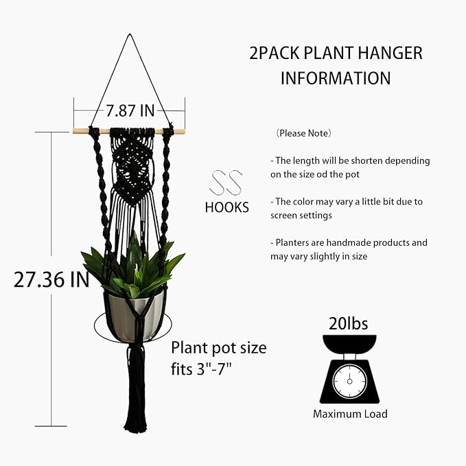 Artilady Black Plant Hanger Macrame Hanging Planter for Indoor Boho Plants Holder with Hooks Hanging Plant Basket Outdoor Window Wall Plants Home Decor (Black Wood Hanger-2pcs)