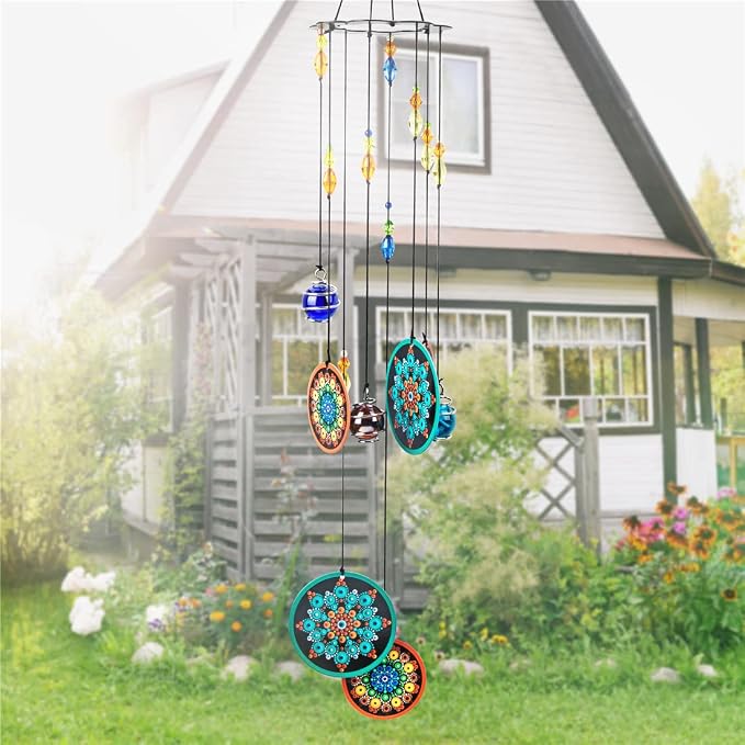 YU FENG 23.5 Inch Metal Flower Wind Chimes, Boho Window Hanging Decor | Chakra Glass Beaded Design, Colorful Mosaic Ornament, Spiritual Hanging Decoration for Patio Garden Home Window